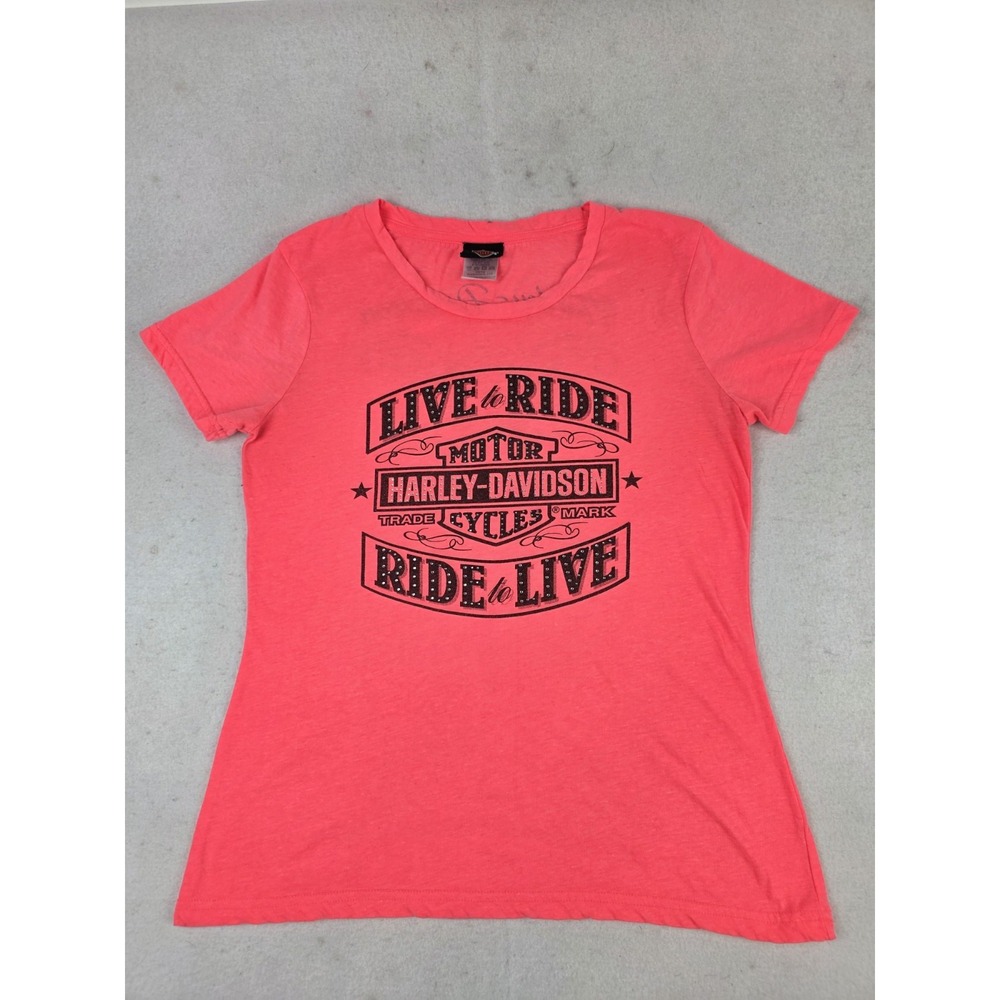 Harley Davidson Live To Ride Rhinestones Womens Shirt Size L Jamaica Pink Coral